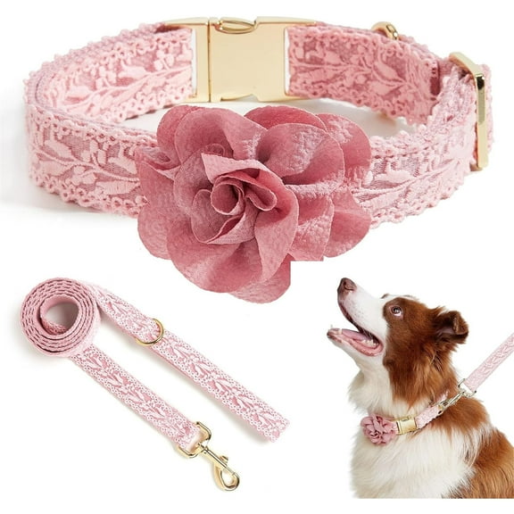 UOSIA Dog Collar and Leash Set with Flowers,For Pet Wedding Birthday Collar,Pink,L