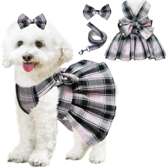 UOSIA Dog Dress Bowknot Harness Leash Set for Small Dogs Girl Cute Plaid Dog Dress