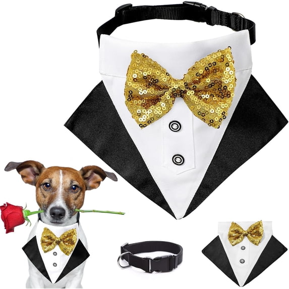 UOSIA Dog Tuxedo Costume Wedding Bandana Collar with Gold Bow Tie Formal Adjustable Dog Tux Clothes for Small Medium Breeds