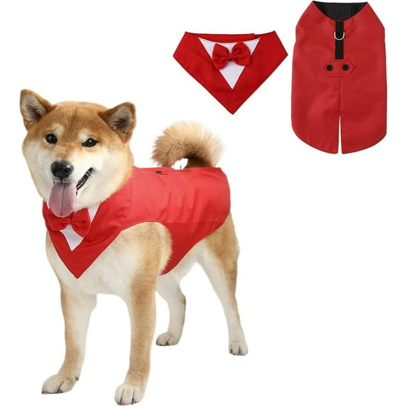 UOSIA Dog Tuxedo Dog Suit and Bandana Set Dogs Formal Wedding Party Costume Shirt,XL,Red
