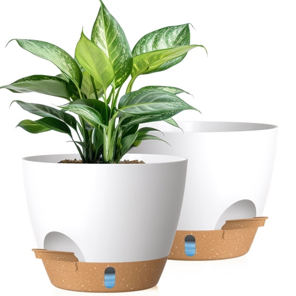 UOUZ 12" Self Watering Planter Pots, 2 pack, Clear Water Level, Indoor Plastic Pots, White/Brown