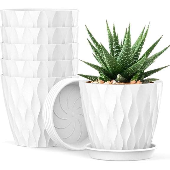 UOUZ 4 inch Plant Pots with Drainage Holes and Saucers, White, 6-pack