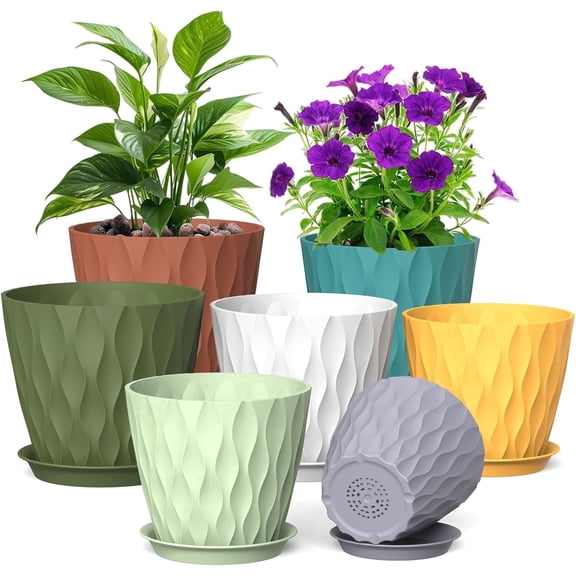 UOUZ 7-pack Plastic Plant Pots with Drainage Holes and Saucers, Small Pots for Plants, Flower Pots Multi Pack