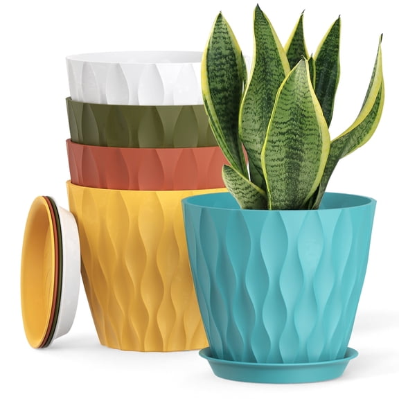 UOUZ 8-inch Plastic Plant Pots with Drainage Holes and Saucers, Indoor Outdoor Planters,5-Pack,Multicolor