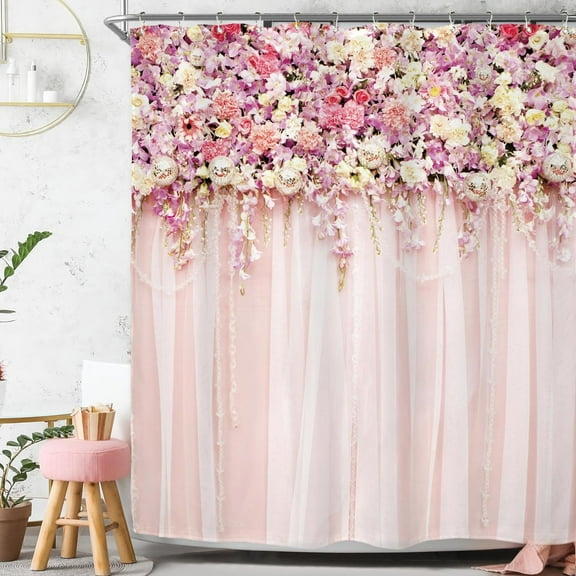 UOWRPOZ Bridal Floral Pink Rose Polyester Shower Curtain, 72"x72" Waterproof 12 Count
