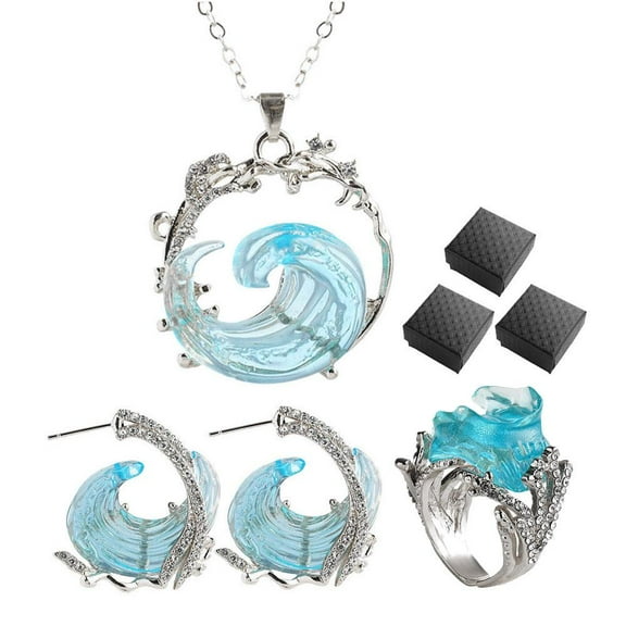 UOYOTT Ocean's Oath Jewelry Set, Boho Blue Ocean Wave Necklace Earring Rings Hot