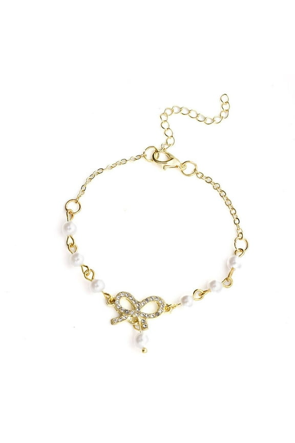 Gold Sweet Crystal Bow Charm Pearl Beaded Bracelet Gift For Girls Jewelry
