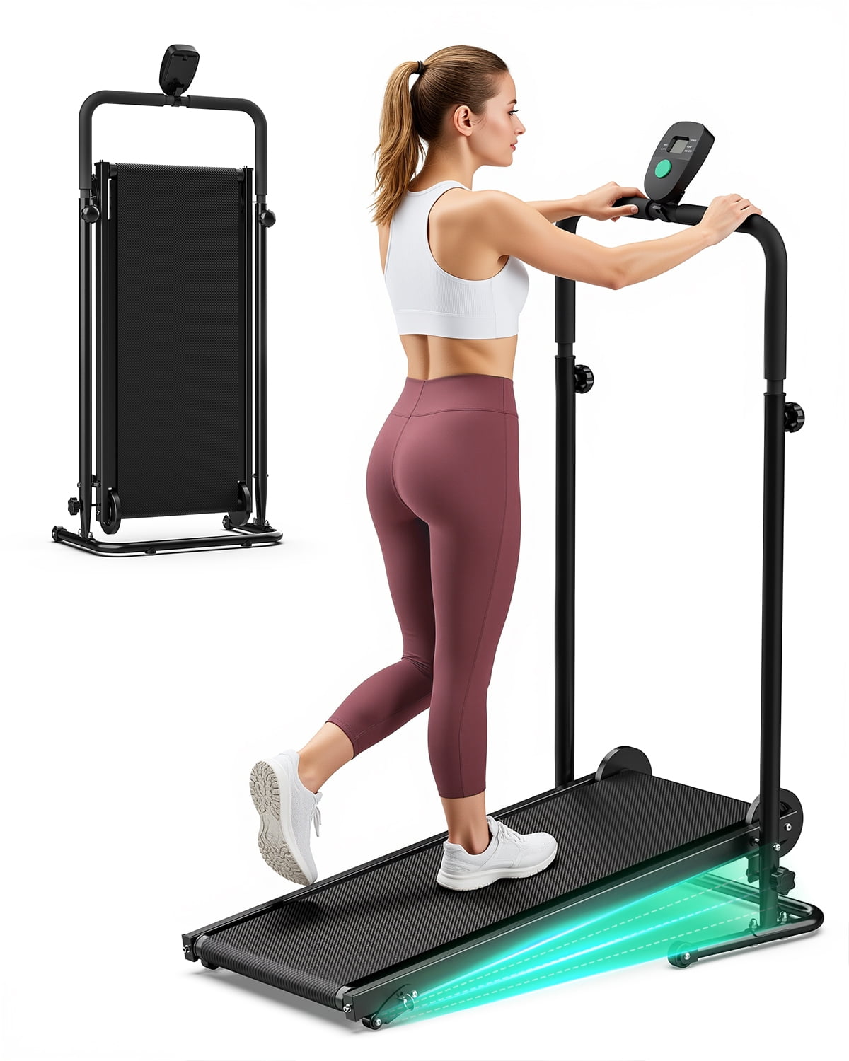 UP PAD Motorless Treadmills with Dual Flywheel & Fixed Incline, LCD Monitor, Non-Slip Belt, Compact Foldable Design for Walking/Jogging