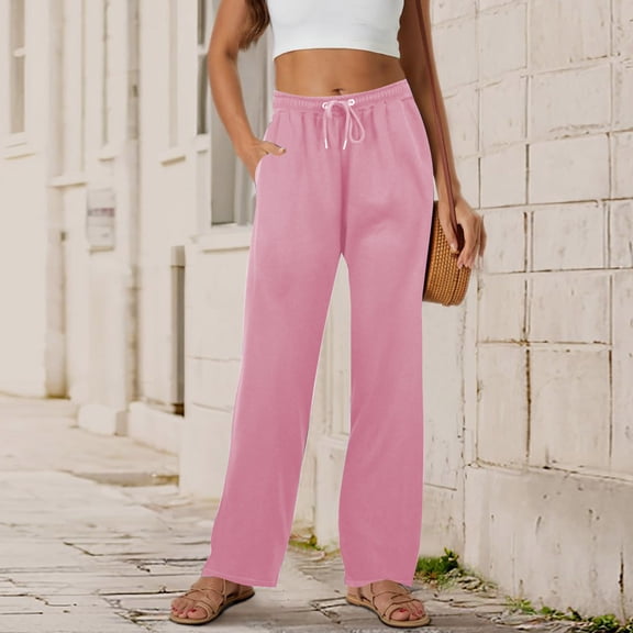 UP TO 50% OFF Toonshare Casual Womens Pants Plus Size Women's Casual Fashion Solid Color Drawstring Elastic Waist Straight-Leg Long Pants Pink S
