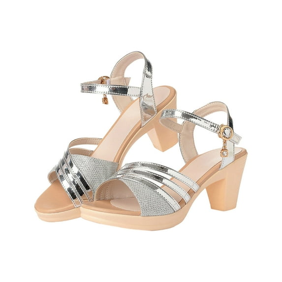 UP to 65% off Sandals for Women, Xunlbb Summer Women's Sandals Chunky Heel High Heel One Buckle Women's Shoes(Silver,Size:40)