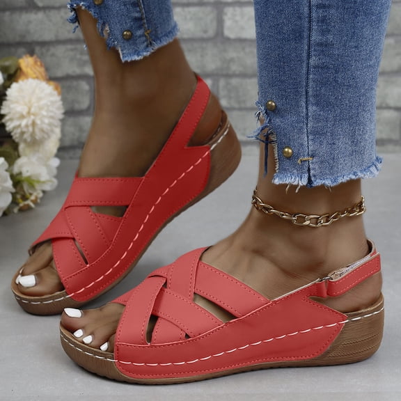 UP to 65% off Sandals for Women, Xunlbb Women's Fashion Casual Summer New Solid Color Wedge Heel Fish Mouth Strap Sandals(Red,Size:36)