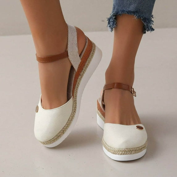 UP to 65% off Sandals for Women, Xunlbb Women's Large-size Matching Color Bun Back Empty Wedge Heels Lightweight Strap Sandals(Beige,Size:37)