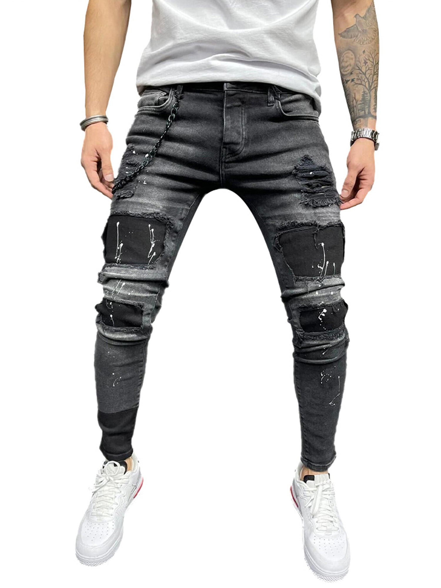 Mens Trousers Bottoms Slim Fit Distressed Frayed Ripped Jeans Denim Pants  Skinny