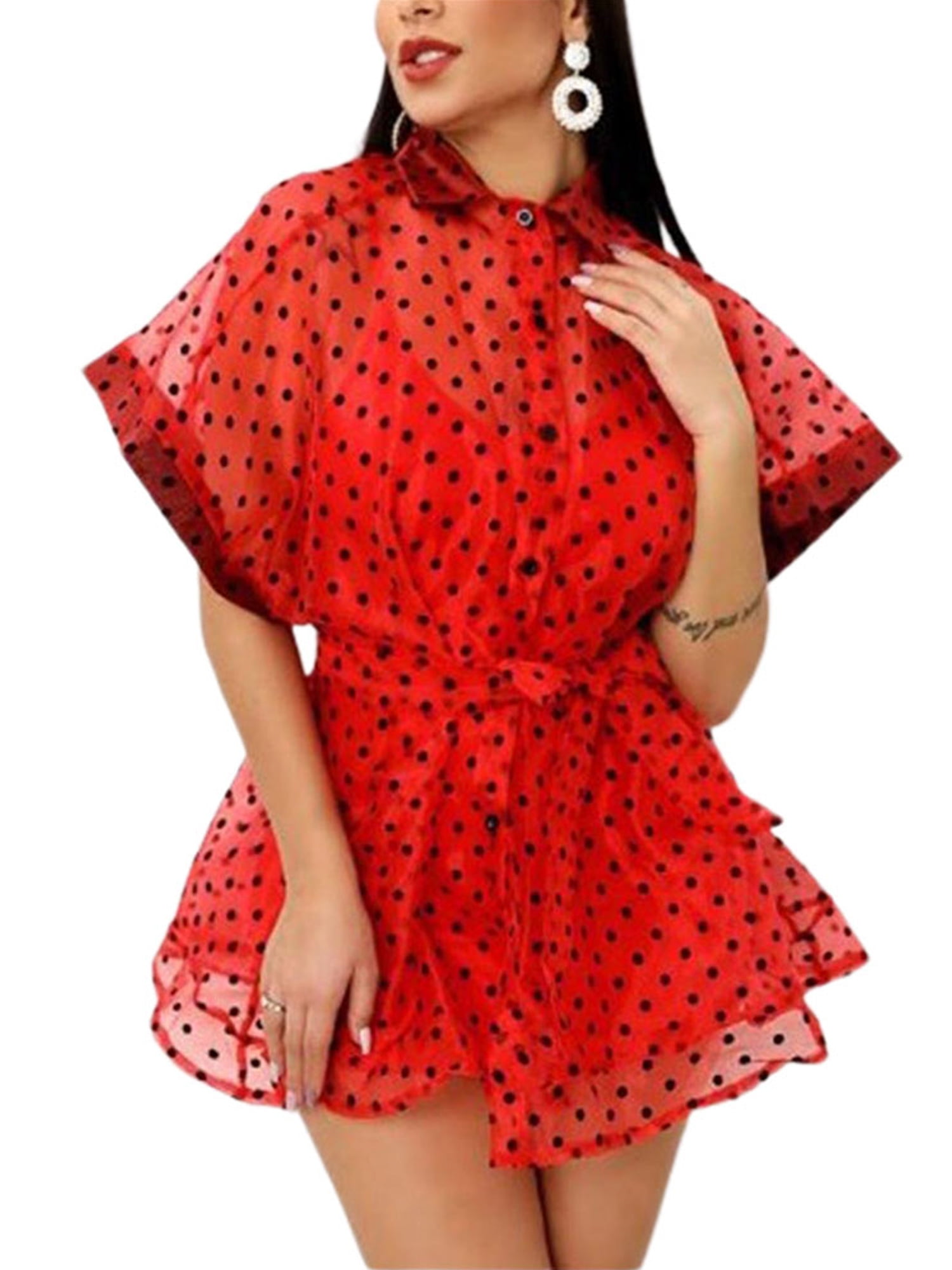 UPAIRC Women Summer Holiday Polka Dot Short Sleeve Beach Lace Up Cover