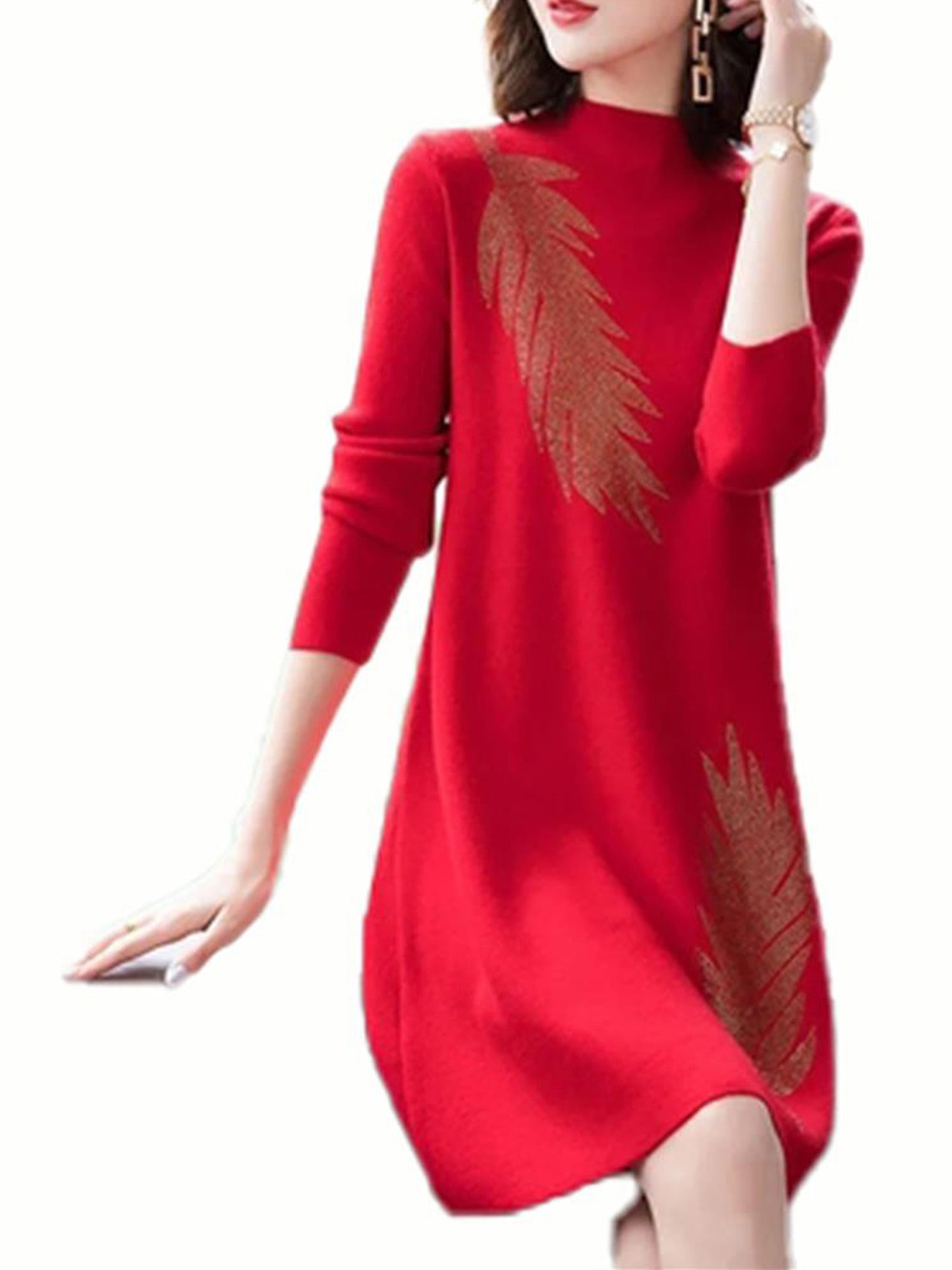 UPAIRC Womens Loose Long Sleeve Jumper Dress Casual Baggy Crew Neck Feather Print Pullover