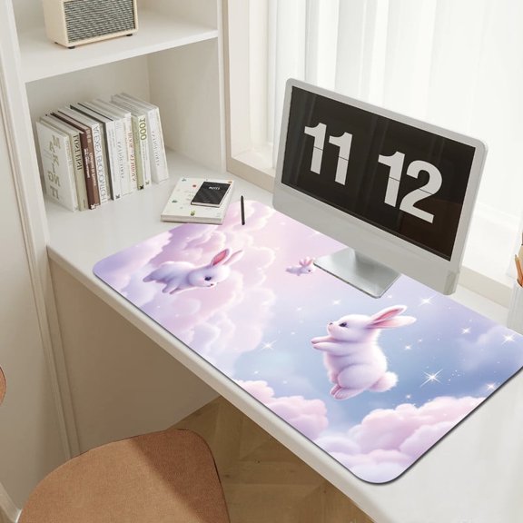 UPCEED Cute Rabbits Mouse Pad Clouds Stars Mouse Pad 23.6"x11.8" HD Printed Non-Slip Stitched Edges Desktop Mat
