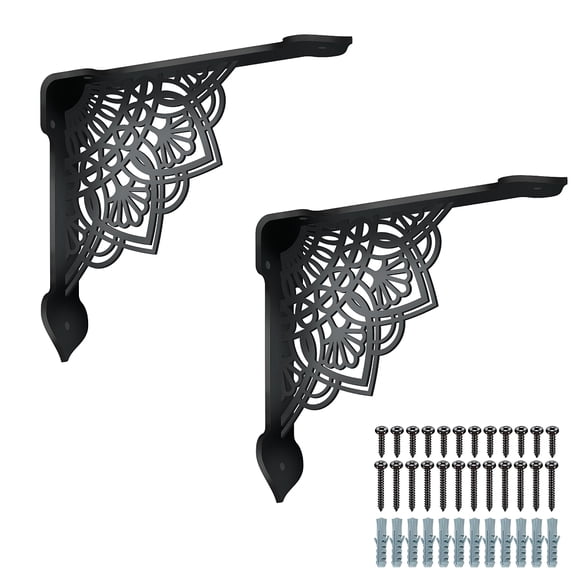 UPERDANT 2 Pack Lotus Shelves Brackets Mandala Heavy Duty Decorative Shelf Bracket Black Iron Wall Shelf Brackets