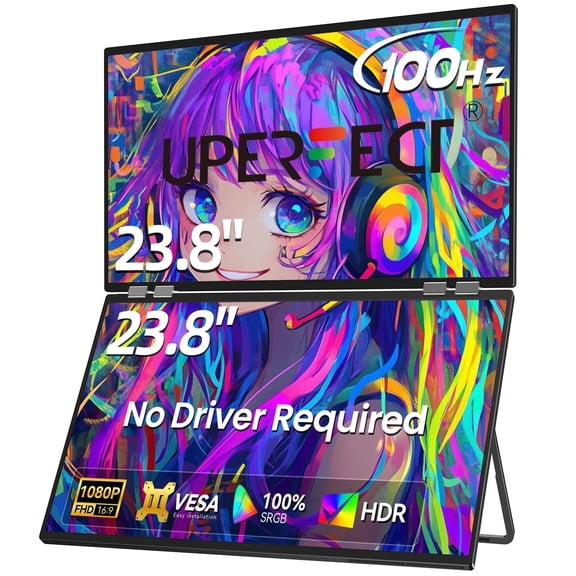 UPERFECT 23.8" 100Hz Portable Dual Monitor, 1080P Screen Extender for Laptop