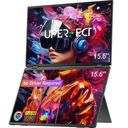 UPERFECT  Folding Monitor - Dual 15.6" 1080P 60HZ Portable Monitor Bult-in Stand VESA (Driver Free)