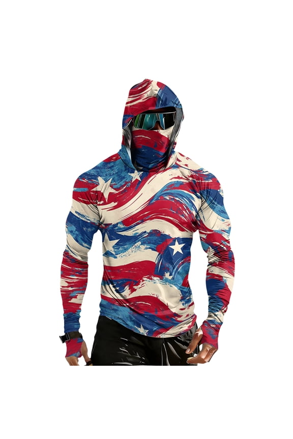 UPF 50+ Fishing Shirts for Men Patriotic American Flag Red White Blue Star Stripes 4th of July Sun Protection Patriotic Hoodie Outdoor Fishing Gear for Hiking Running