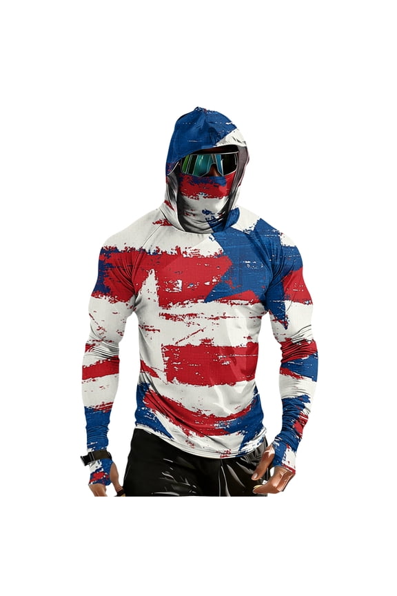 UPF 50+ Fishing Shirts for Men Patriotic American Flag Red White Blue Star Stripes 4th of July Sun Protection Patriotic Hoodie Outdoor Fishing Gear for Hiking Running