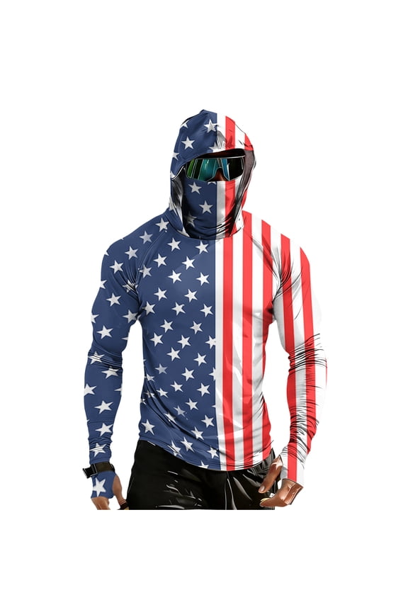 UPF 50+ Fishing Shirts for Men Patriotic American Flag Red White Blue Star Stripes 4th of July Sun Protection Patriotic Hoodie Outdoor Fishing Gear for Hiking Running