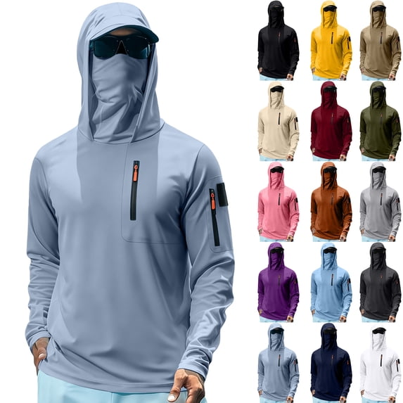 UPF 50+ Fishing Shirts for Men Sun Protection Hoodie Rash Guard Outdoor Hiking Running Fish Shirt with Face Mask