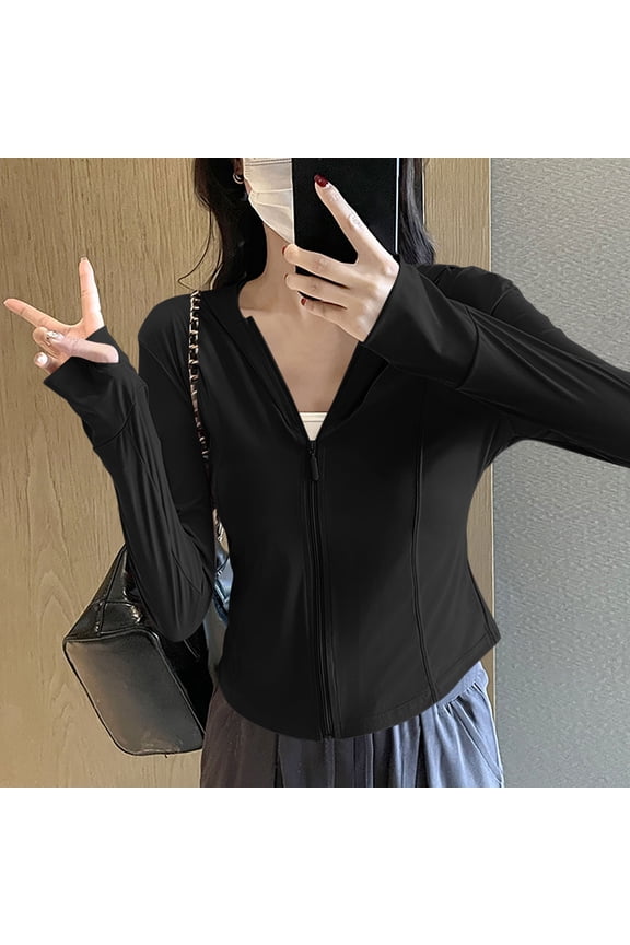 UPF 50+ Hooded Womens Lightweight Jackets UV Protection Full Zip Long Sleeve Womens Coat Jacket Fall Hiking Solid Tops