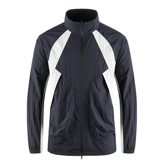 UPF 50+ Lightweight Jacket Men Fashion Colorblock Sun Protection Jackets with Zip Pockets Outdoor Hiking Shirts Dark Blue XXL