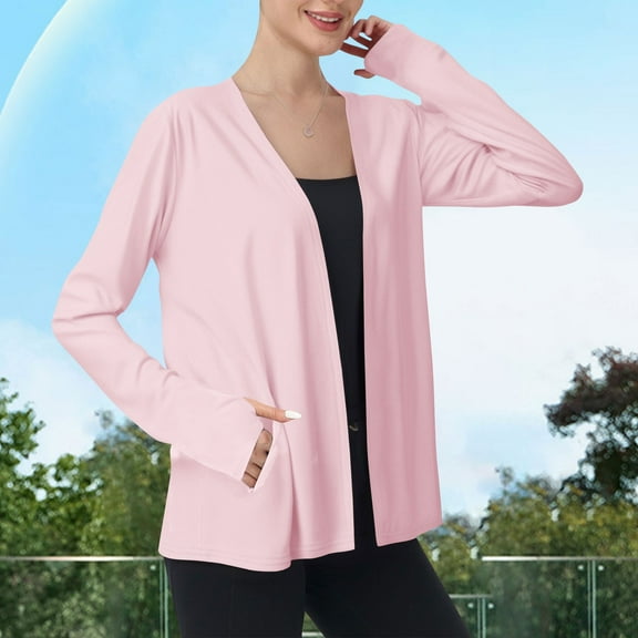 UPF 50+ Long Sleeve Cardigans for Womens Open Front Rash Guard Shirts Solid Classic UV SPF Blouses with Thumb Holes Swim Shirt Workout Hiking Tops with Pockets