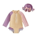 thumbnail image 1 of UPF 50+ Long Sleeve Hooded Swimsuit For Toddler Girls Color Block Design Full Body Rash Guard Protective Swimwear, 1 of 3