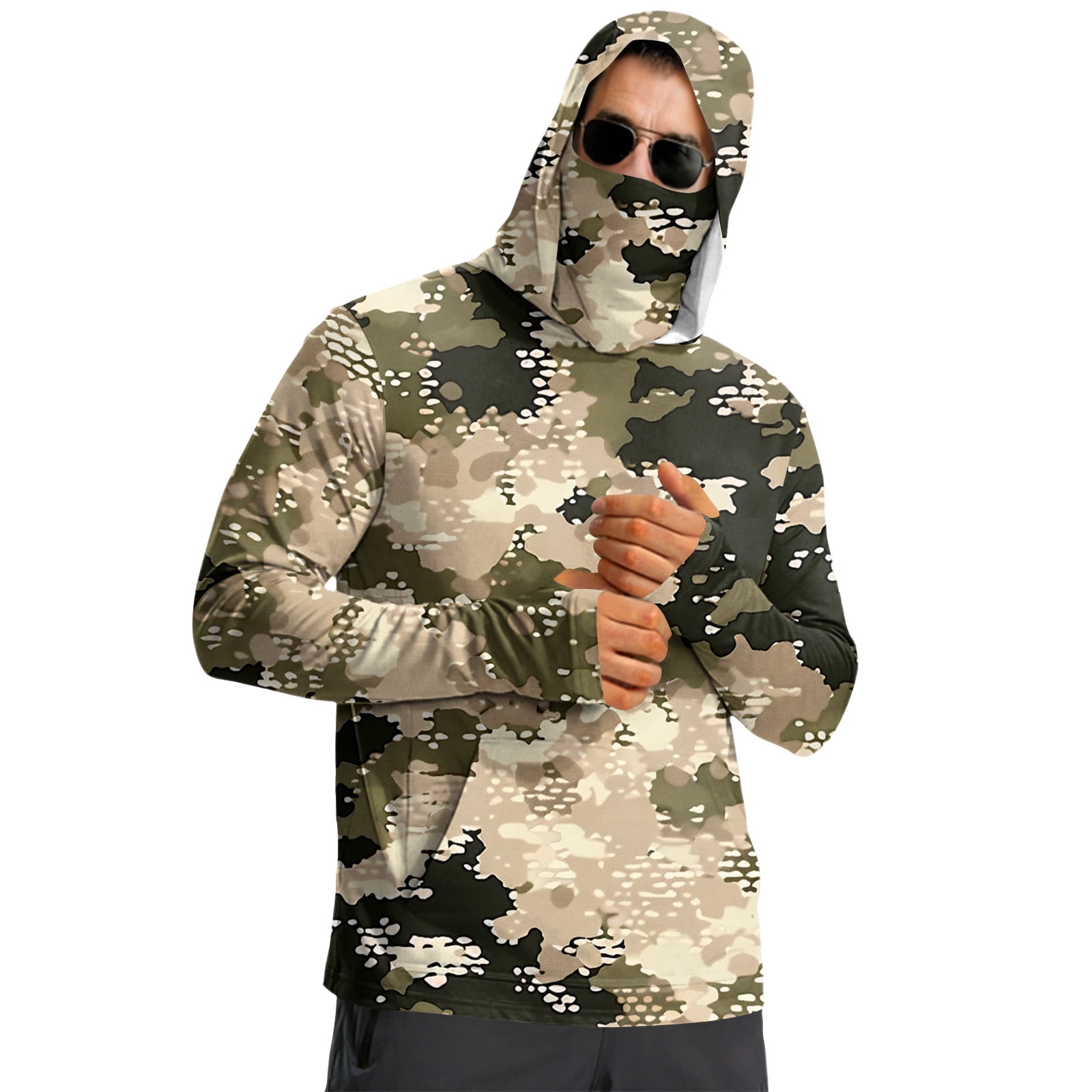 UPF 50+ Men's Camo Hooded Fishing Shirts Long Sleeve UV Sun Protection ...