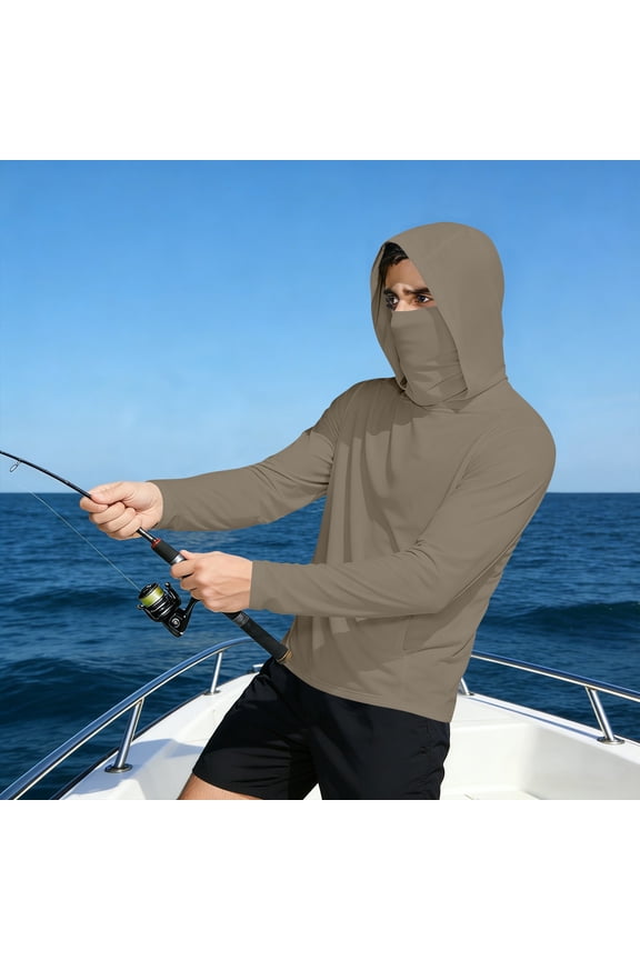 UPF 50+ Men’s Long Sleeve Performance Fishing Hiking Sun Protection Shirt with Mask UV Neck Gaiter Hoodie Brown M