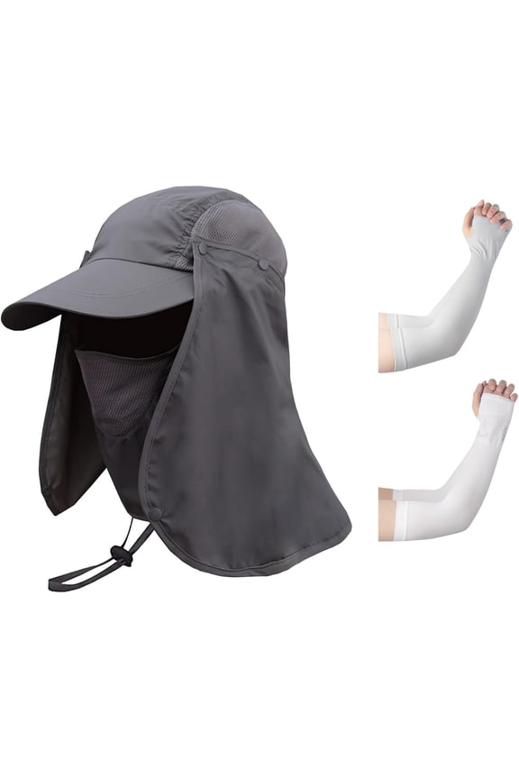 UPF 50+ Sun Fishing Hat 2 Pairs Arm Sleeves for Men Women, Outdoor UV Sun Protection Hiking Hats Wide Brim Safari Cap Removable Face and Neck Flap Grey