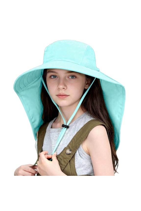 UPF 50+ Sun Hat with Neck Flap for Kids, Light Blue Adjusta Wide Brim Legionnaire Style Chin Strap Unisex Boys Girls Ages 6-14 Nylon Outdoor,Size Free Size