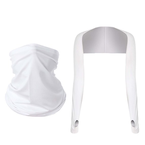 UPF 50+ Sun Protection Cooling Arm Sleeves & Neck Gaiter White Set Breathable Quick Dry Unisex for Women Men Running Cycling Hiking Fishing,Size Free Size