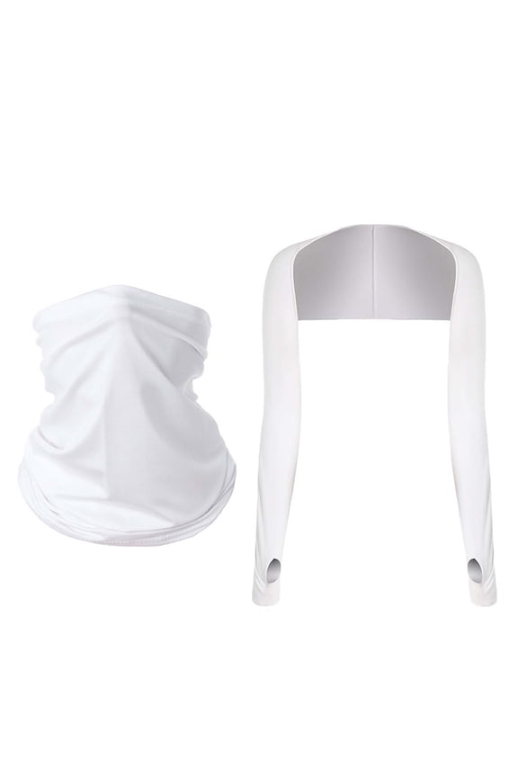 UPF 50+ Sun Protection Cooling Arm Sleeves & Neck Gaiter White Set Breathable Quick Dry Unisex for Women Men Running Cycling Hiking Fishing,Size Free Size