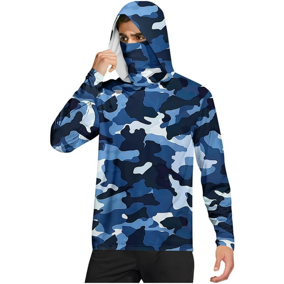 UPF 50+ Sun Protection Hoodie for Men Long Sleeve shirts with Mask Hiking Fishing Performance T-Shirts Light Breathable Tops Quick Dry Athletic Stretch UV SPF T-Shirts Going Out Fishing Clothes