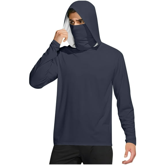 UPF 50+ Sun Protection Hoodie for Men Long Sleeve shirts with Mask Hiking Fishing Performance T-Shirts Light Breathable Tops Quick Dry Athletic Stretch UV SPF T-Shirts Going Out Fishing Clothes
