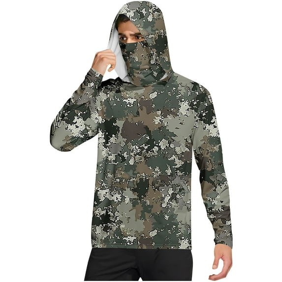 UPF 50+ Sun Protection Hoodie for Men Long Sleeve shirts with Mask Hiking Fishing Performance T-Shirts Light Breathable Tops Quick Dry Athletic Stretch UV SPF T-Shirts Going Out Fishing Clothes