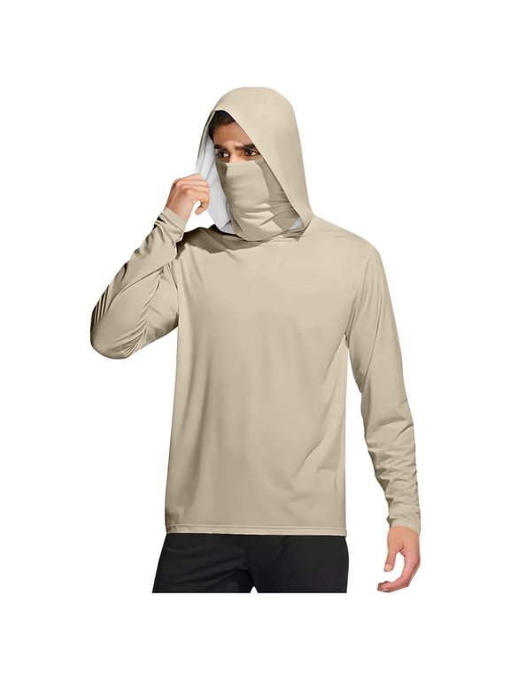 UPF 50+ Sun Protection Hoodie for Men Long Sleeve shirts with Mask Hiking Fishing Performance T-Shirts Light Breathable Tops Quick Dry Athletic Stretch UV SPF T-Shirts Going Out Fishing Clothes