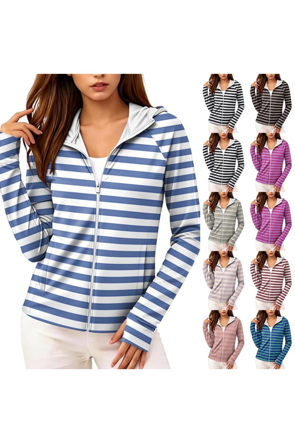 UPF 50+ Sun Protection Hoodie for Women - Classic Striped Long Sleeve Zip Up Jacket with Thumbholes & Pockets, Nautical Style Lightweight Active Rash Guard Gray M