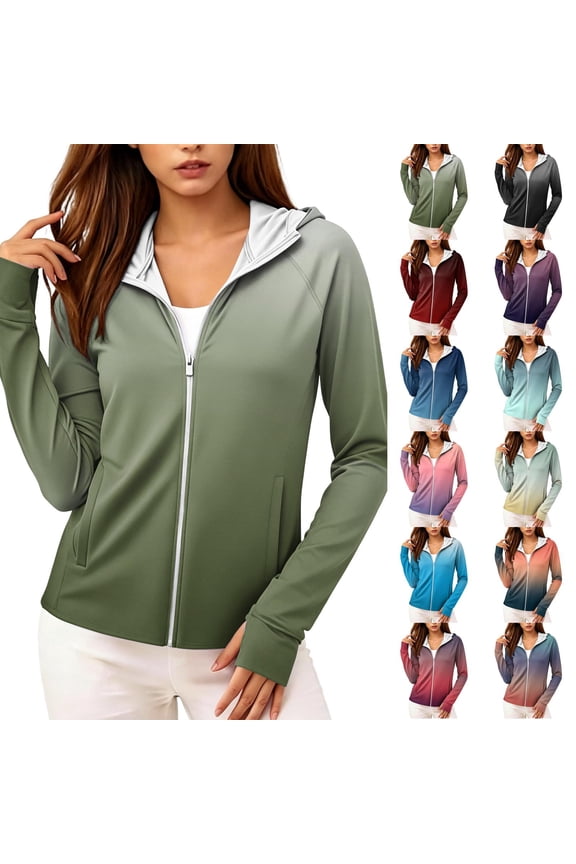 UPF 50+ Sun Protection Hoodie for Women - Gradient Ombre Print Long Sleeve Zip Up Jacket with Thumbholes & Pockets, Lightweight Summer Active Rash Guard Pink M