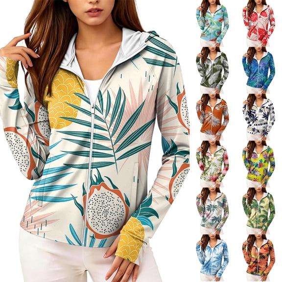 UPF 50+ Sun Protection Hoodie for Women - Tropical Floral Print Long Sleeve Zip Up Jacket with Thumbholes & Pockets, Lightweight Active Rash Guard Saffron M