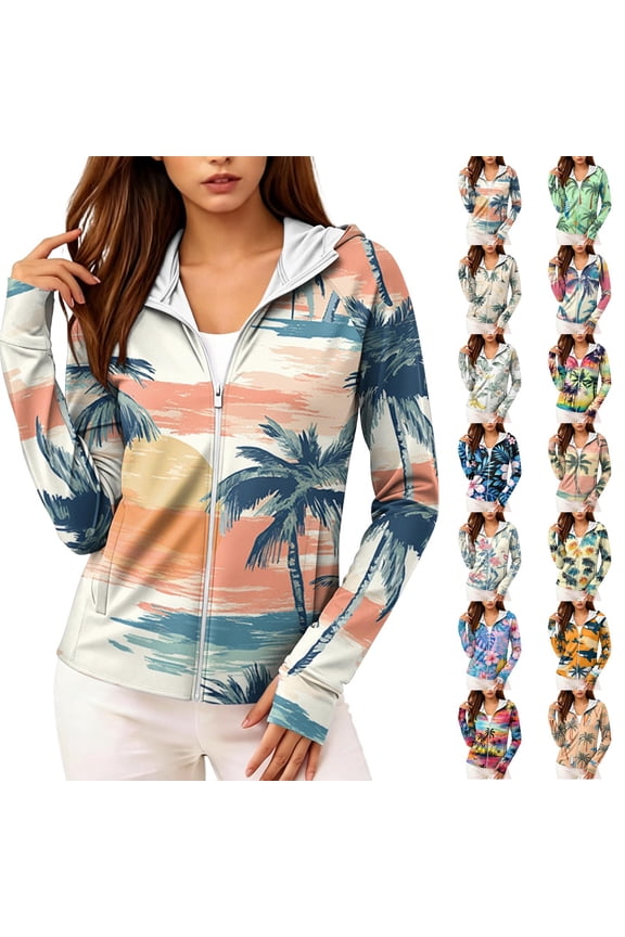 UPF 50+ Sun Protection Hoodie for Women - Tropical Palm Print Long Sleeve Zip Up Jacket with Thumbholes & Pockets, Lightweight Active Rash Guard Orange L