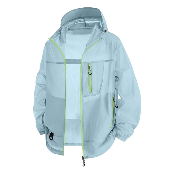 UPF 50+ Sun Protection Jacket for Men Hooded Long Sleeve Zipper Lightweight Quick Dry Windbreaker Athletic Shirts with Pockets Blue L