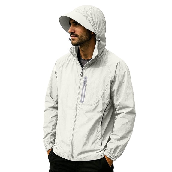 UPF 50+ Sun Protection Jacket for Men Hooded Long Sleeve Zipper Lightweight Quick Dry Windbreaker Athletic Tops with Pockets Beige XXL