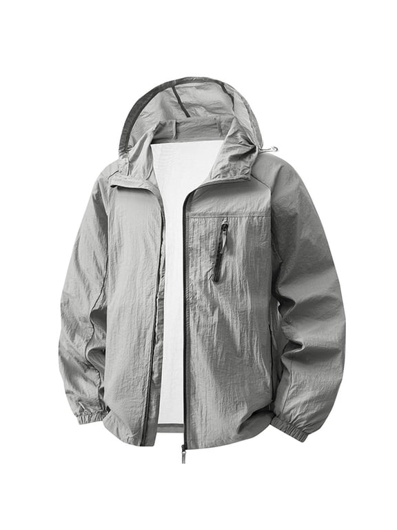 UPF 50+ Sun Protection Jacket for Men Hooded Long Sleeve Zipper Lightweight Quick Dry Windbreaker Fashion Athletic Tops with Pockets Gray XXL