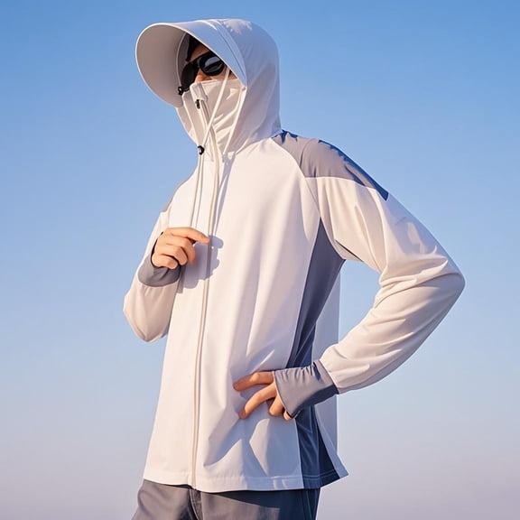 UPF 50  Sun Protection Shirts for Men with Hood Long Sleeve Full Zip Jackets Mens Casual Lightweight Color-Block Breathable Fishing UV Shirt