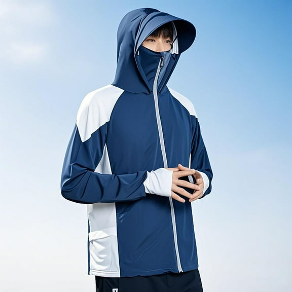 UPF 50 Sun Protection Shirts for Men with Hood Long Sleeve Full Zip Jackets Mens Casual Lightweight Color-Block Breathable Fishing UV Shirt